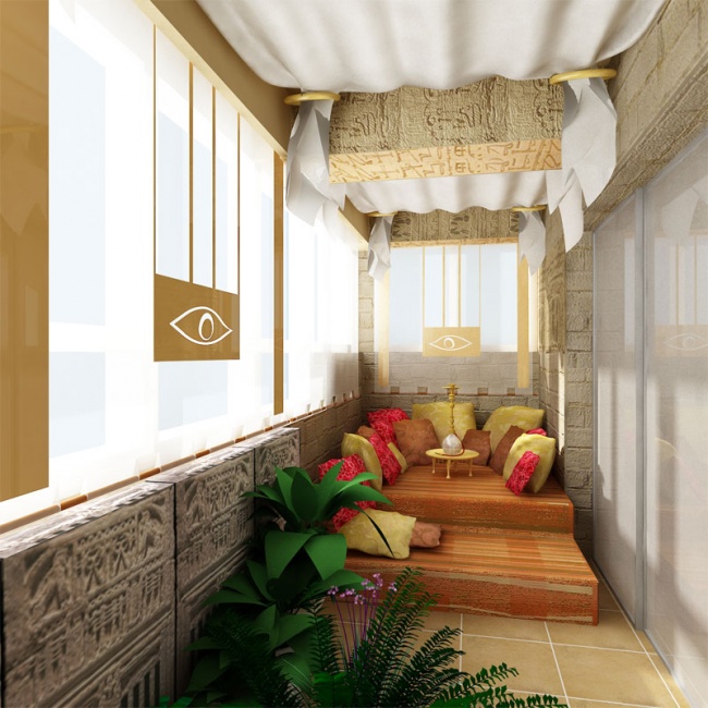 Остекление балконов и лоджий в Калуге, внутренняя отделка с египетским дизайном